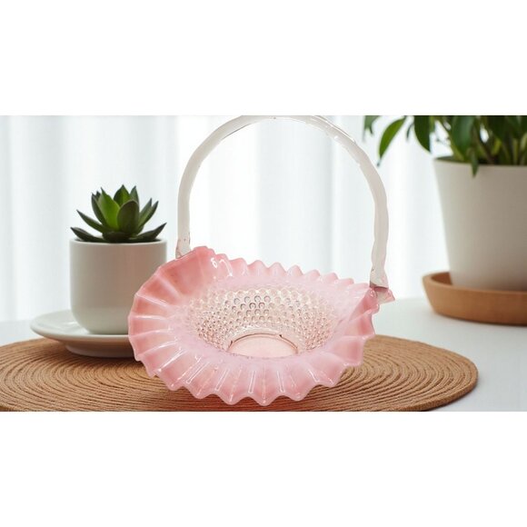 vintage 1950''s Fenton large ruffled cranberry hobnail opalescent basket, 10", E - Picture 3 of 10